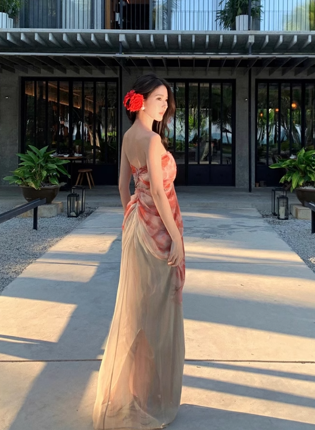 New Fashion Floral Print Design A-line Floor-length Sleeveless Strapless Dress HZ1024