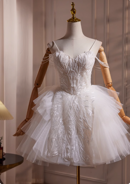 Elegant White Beaded Design Party Dress A-line Spaghetti Strap Short Homecoming Dress HZ1024