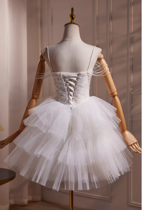 Elegant White Beaded Design Party Dress A-line Spaghetti Strap Short Homecoming Dress HZ1024