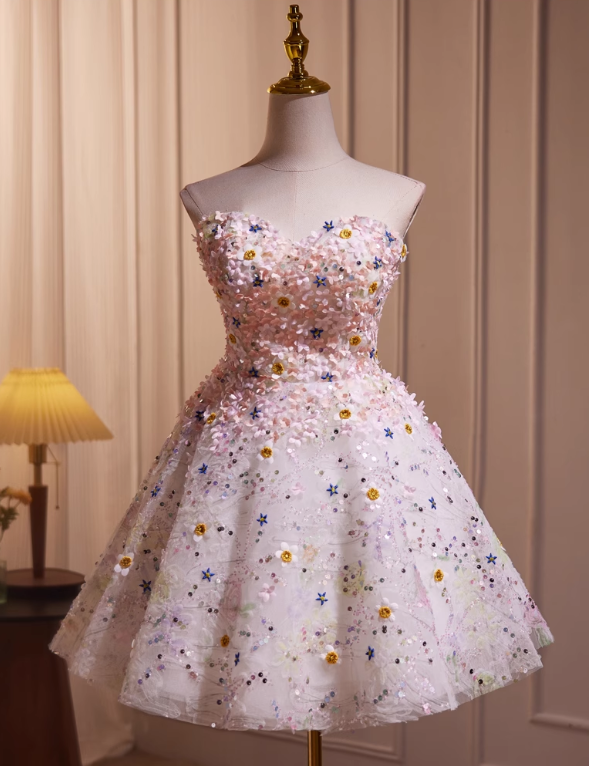 Charming Floral Embroidery Sequined Design Sleeveless Strapless Homecoming Dress HZ1024
