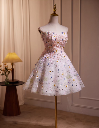 Charming Floral Embroidery Sequined Design Sleeveless Strapless Homecoming Dress HZ1024