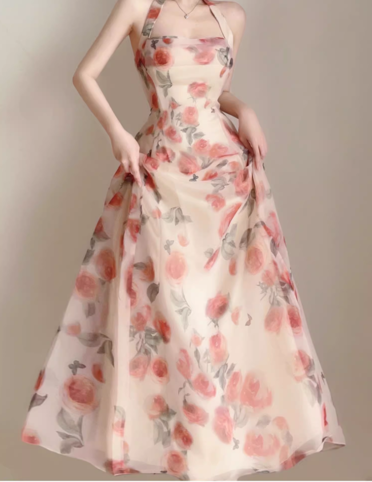 Vintage Pink Floral Design A-line Sleeveless Beach Holiday Halter Dress HZ1024