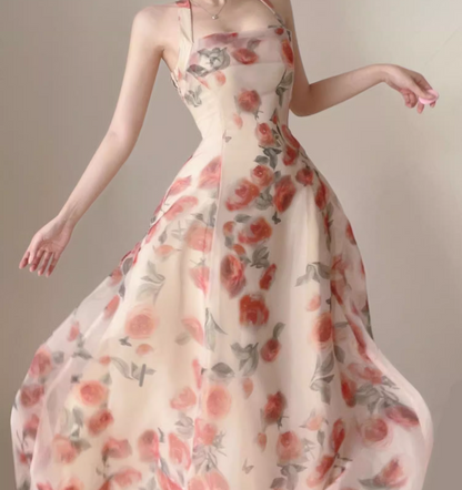 Vintage Pink Floral Design A-line Sleeveless Beach Holiday Halter Dress HZ1024