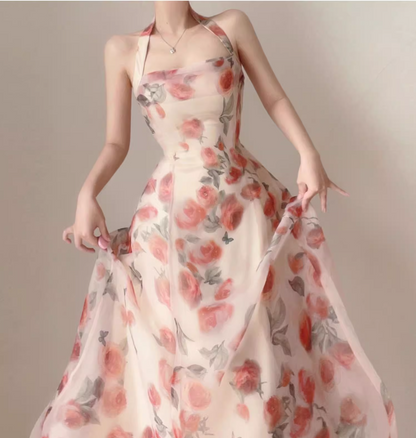 Vintage Pink Floral Design A-line Sleeveless Beach Holiday Halter Dress HZ1024