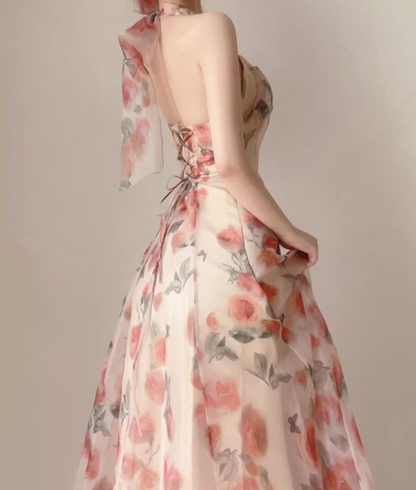 Vintage Pink Floral Design A-line Sleeveless Beach Holiday Halter Dress HZ1024