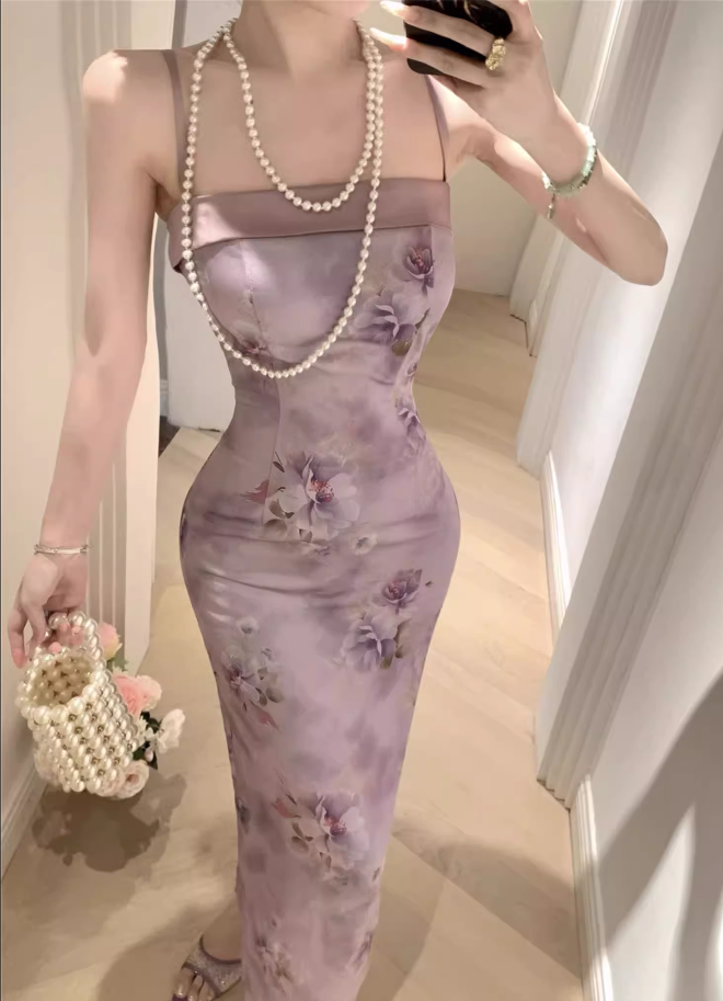 Vintage Purple Floral Design Satin A-line Spaghetti Strap Dress HZ1024