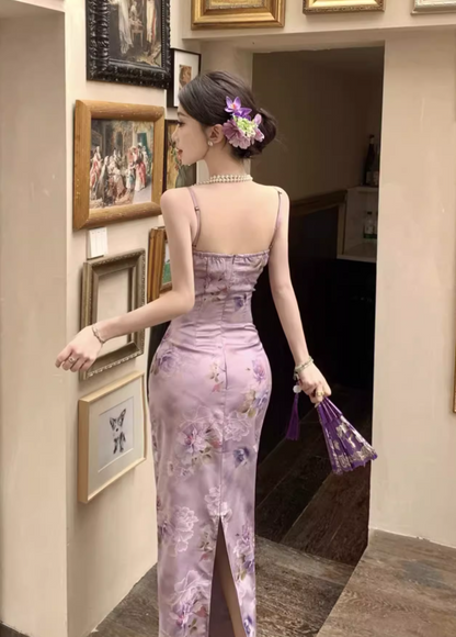 Vintage Purple Floral Design Satin A-line Spaghetti Strap Dress HZ1024