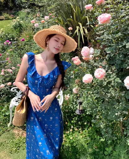 New Fashion Navy Blue Floral Design Elegant Beach Holiday A-line Sleeveless Women Dress HZ1024