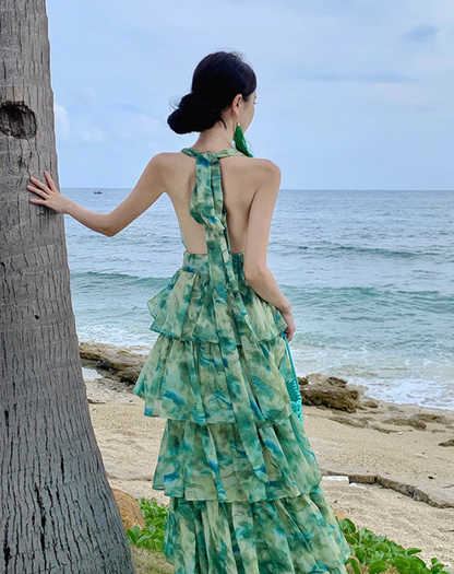 New Fashion Green Floral Design A-line V-neck Beach Holiday Tiered Halter Dress HZ1024