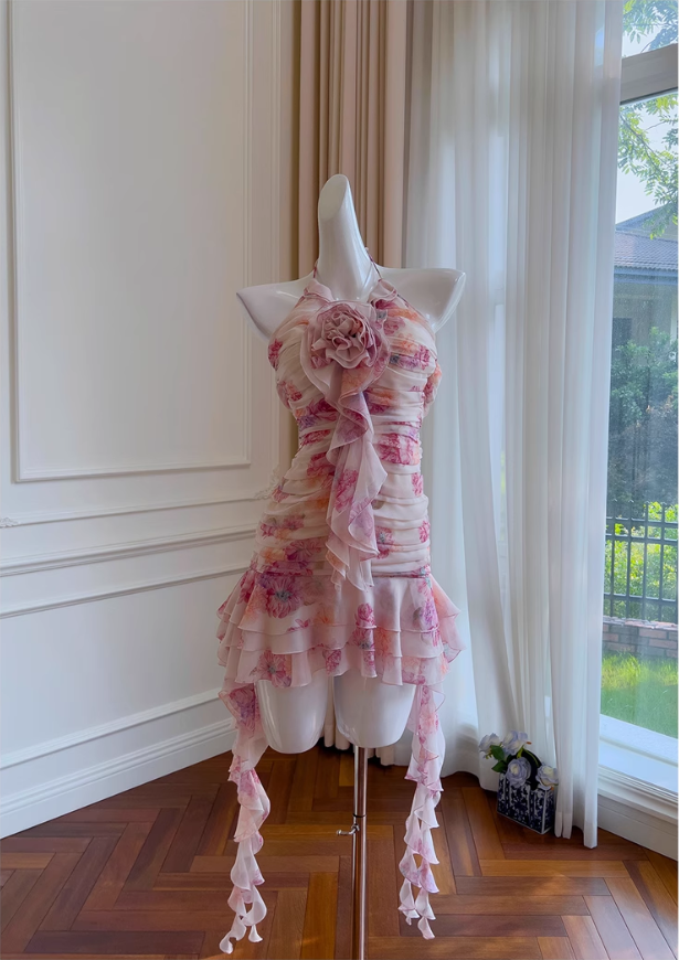 Sweet Floral Ruffled Hem Design A-line Halter Party Dresses Homecoming Dresses, HZ1024