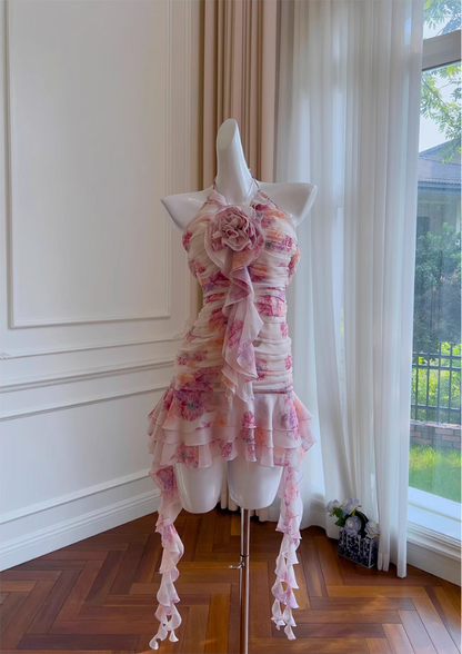 Sweet Floral Ruffled Hem Design A-line Halter Party Dresses Homecoming Dresses, HZ1024