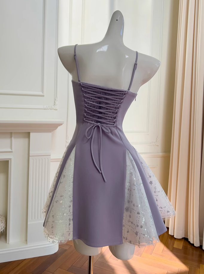 New Fashion Purple Bow Sequin Design A-line Spaghetti Strap Party Dresses Homecoming Dresses, HZ1024