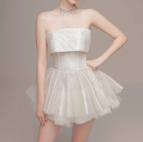 Cute Beige Sequin Ruffled Hem Design A-line Satin Strapless Party Dress Homecoming Dress HZ1024
