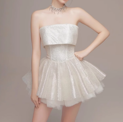 Cute Beige Sequin Ruffled Hem Design A-line Satin Strapless Party Dress Homecoming Dress HZ1024