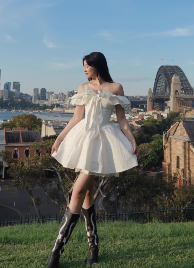 Simple White Off-the-shoulder Lace Bow Design A-line Party Dress Homecoming Dress HZ1024