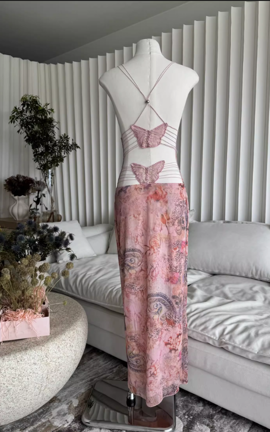 Sweet Spaghetti Strap V-neck Backless Design Floral Print A-line Women Dress HZ1024