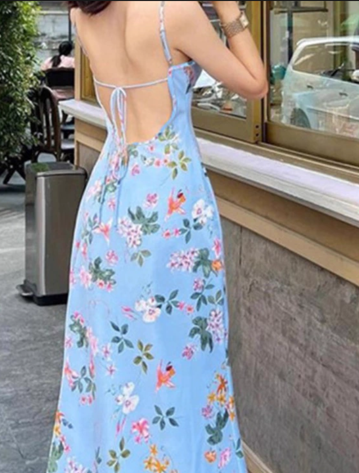 Vintage Blue Floral V-neck Spaghetti Strap Design A-line Party Dress HZ1024