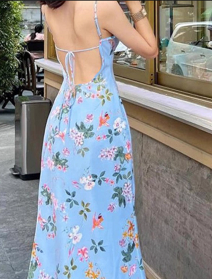 Vintage Blue Floral V-neck Spaghetti Strap Design A-line Party Dress HZ1024