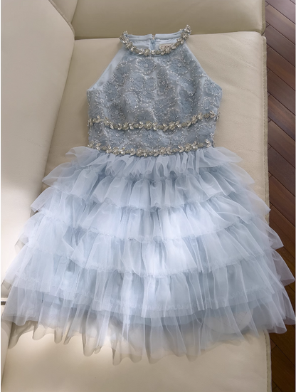 New Fashion Light Blue Beading A-line Tulle Short Tiered Party Dress Homecoming Dresses HZ1024