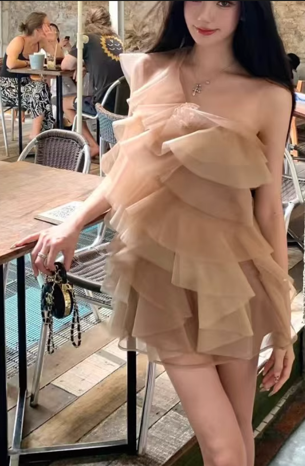 Retro Champagne 3D Flower Design Tulle Design A-line Short Party Dress Homecoming Dresses HZ1024