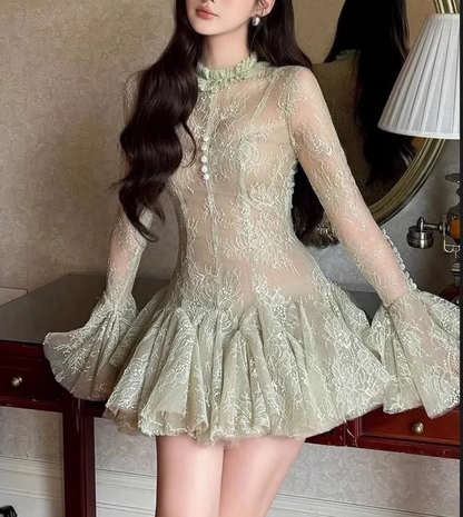 Retro Green Applique Design Tulle A-line Long-sleeved Party Dress Homecoming Dresses HZ1024