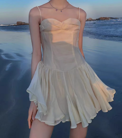 New Fashion White Sweetheart Spaghetti Strap Ruffled Hem Design Summer Party Dress HZ1024