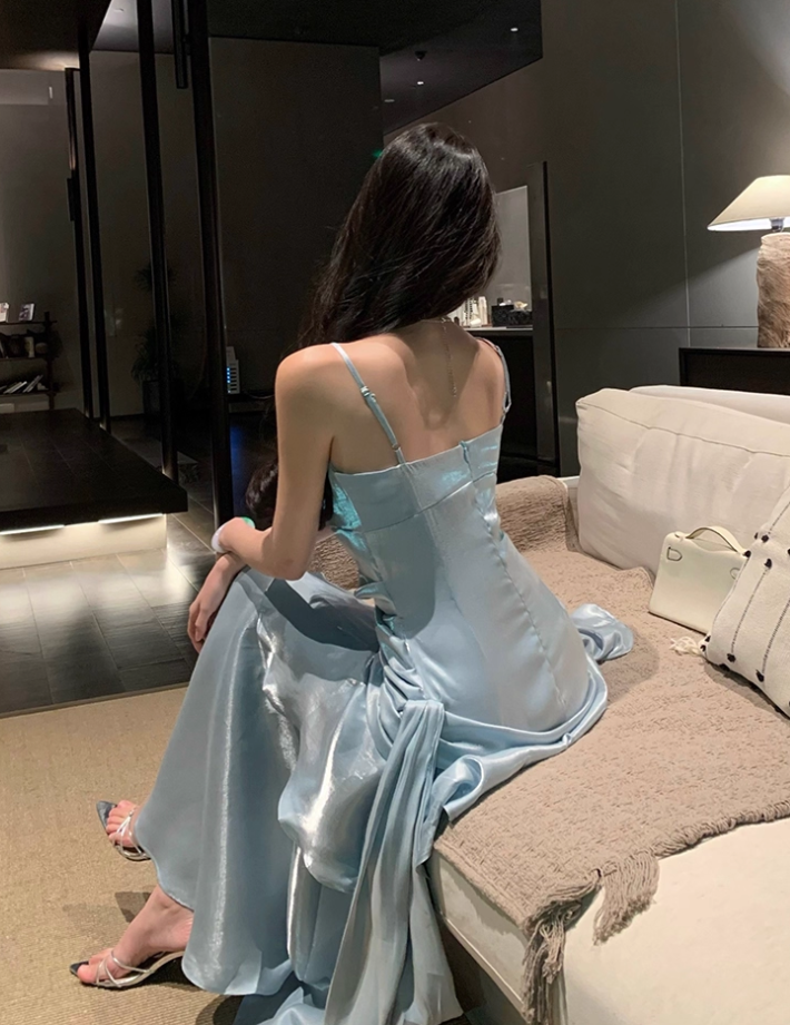Vintage Blue Sweetheart Spaghetti Strap Mermaid Ruffled Hem Design Sexy Prom Dress Evening Dress HZ1024