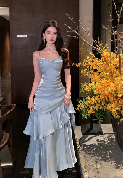Vintage Blue Sweetheart Spaghetti Strap Mermaid Ruffled Hem Design Sexy Prom Dress Evening Dress HZ1024