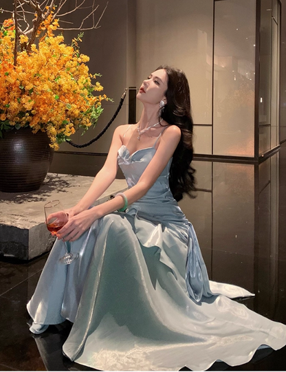Vintage Blue Sweetheart Spaghetti Strap Mermaid Ruffled Hem Design Sexy Prom Dress Evening Dress HZ1024