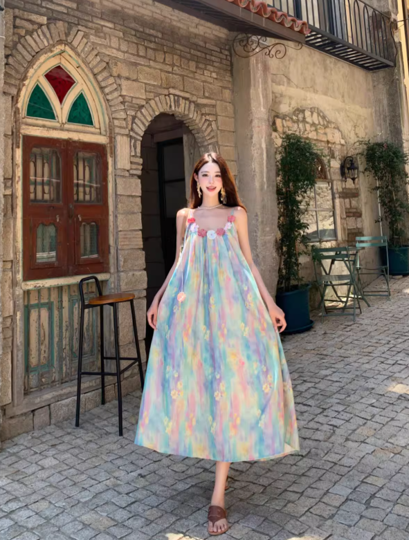Vintage Floral Spaghetti Strap Design Elegant Beach Holiday A-Line Sleeveless Summer Dress HZ1024