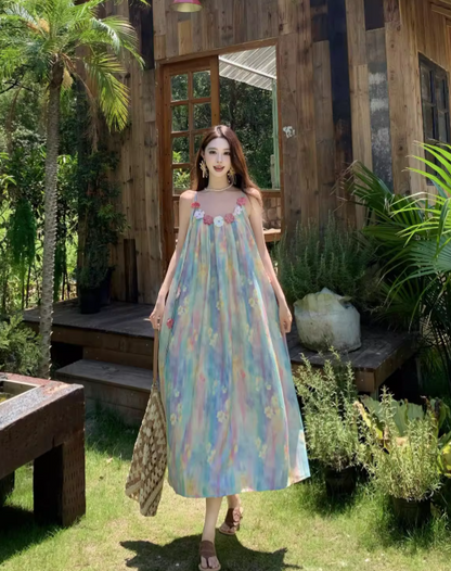 Vintage Floral Spaghetti Strap Design Elegant Beach Holiday A-Line Sleeveless Summer Dress HZ1024