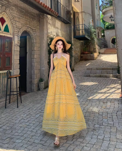 Vintage Yellow Bohemian Style Design Elegant Beach Holiday A-Line Sleeveless Halter Dress Summer Dress Party Dress HZ1024