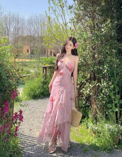 Vintage Pink Floral Irregular Hem Design Elegant Beach Holiday A-Line Sleeveless Halter Dress Summer Dress Party Dress HZ1024