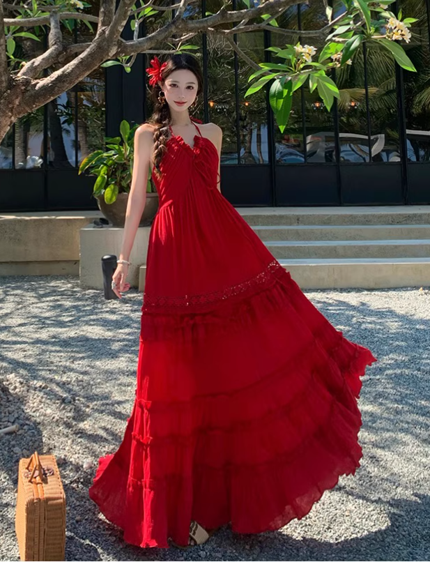 Vintage Burgundy V-neck Design Elegant Beach Holiday A-Line Sleeveless Halter Dress Summer Dress Party Dress HZ1024