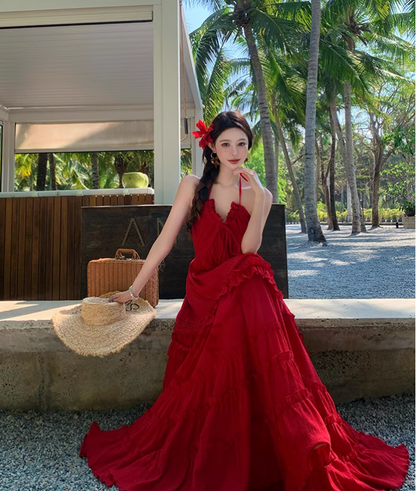 Vintage Burgundy V-neck Design Elegant Beach Holiday A-Line Sleeveless Halter Dress Summer Dress Party Dress HZ1024