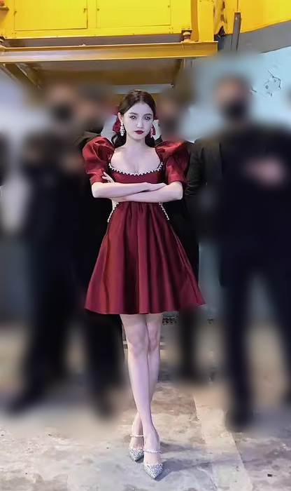 Vintage Burgundy A-Line Homecoming Dress Beaded Short Puff Sleeves Party Dress A-Line Cocktail Dress HZ1024