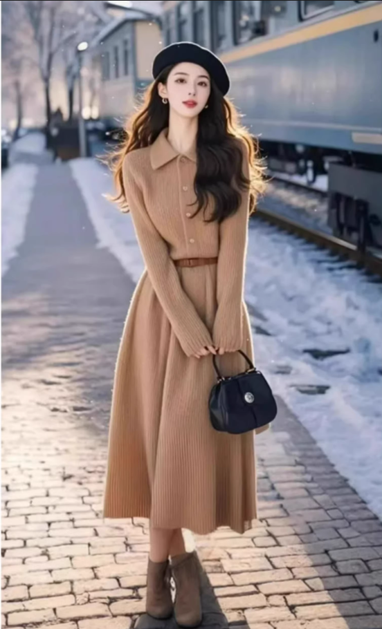 Vintage Khaki A-Line Long-sleeve Knit Dress Long Party Dress HZ1024