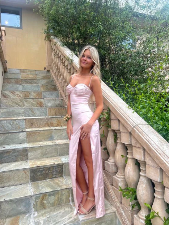 Elegant Pink Sweetheart Prom Dress Satin Sheath High Slit Spaghetti Strap Evening Gown Long Party Dress Formal Dress HZ1024