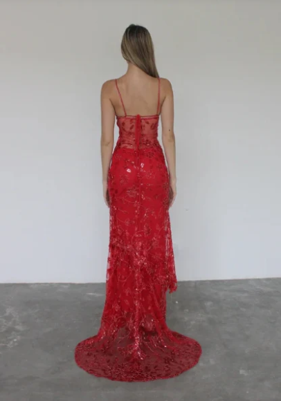 Elegant Red Lace Prom Dress Sequin Sheath Evening Gown Long Party Dress Spaghetti Strap Formal Dress HZ1024