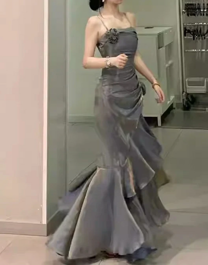 Elegant 3D Flower Satin Prom Dress Mermaid Evening Gown Party Dress Spaghetti Strap Formal Dress HZ1024