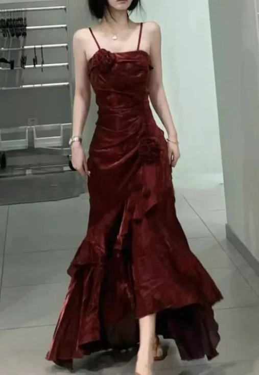 Elegant 3D Flower Satin Prom Dress Mermaid Evening Gown Party Dress Spaghetti Strap Formal Dress HZ1024