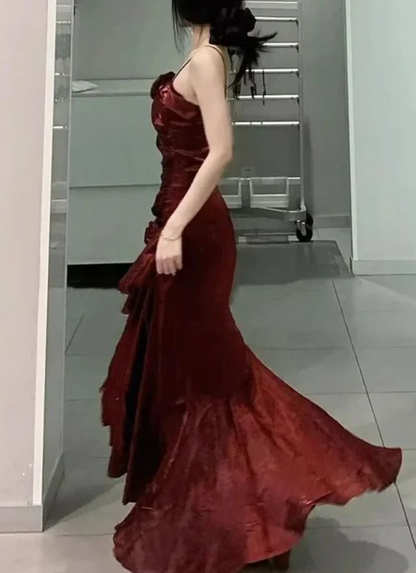 Elegant 3D Flower Satin Prom Dress Mermaid Evening Gown Party Dress Spaghetti Strap Formal Dress HZ1024