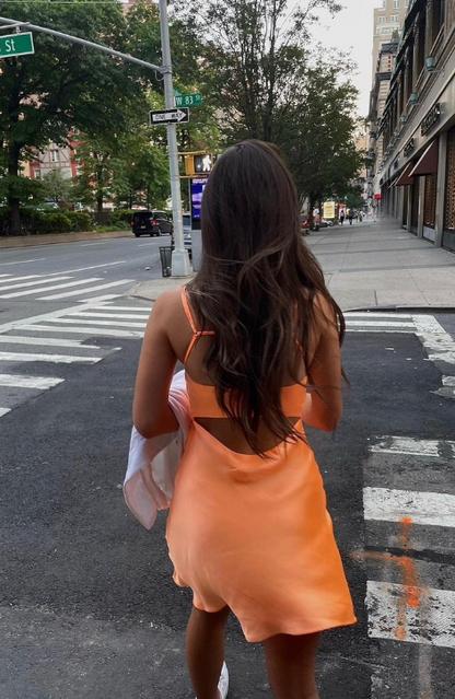 Vintage Orange Chiffon Homecoming Dress Sheath Party Dress Spaghetti Strap Cocktail Dress HZ1024