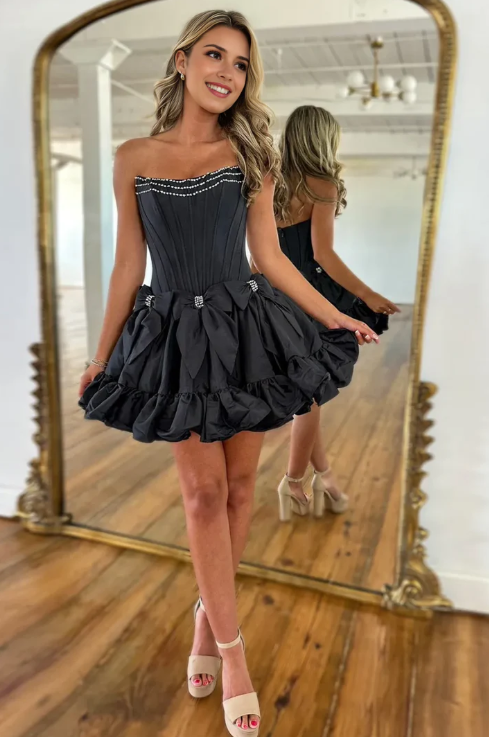 Vintage Beaded A-Line Homecoming Dress Strapless Party Dress Short Cocktail Dress HZ1024