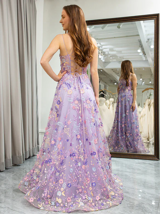 Elegant Floral Spaghetti Strap Prom Dress A-Line Applique Evening Gown High Slit Party Dress Long Formal Dress HZ1024