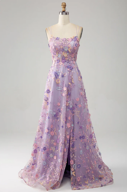 Elegant Floral Spaghetti Strap Prom Dress A-Line Applique Evening Gown High Slit Party Dress Long Formal Dress HZ1024