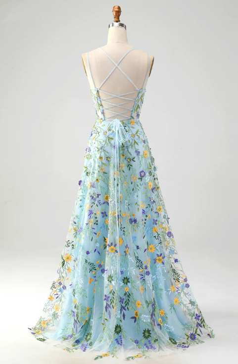 Elegant Floral Spaghetti Strap Prom Dress A-Line Applique Evening Gown High Slit Party Dress Long Formal Dress HZ1024