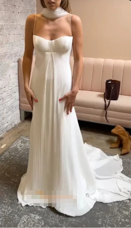 Elegant Crystal Cream Prom Dress Sheath Pleated Evening Gown Spaghetti Strap Party Dress Long Formal Dress HZ1024