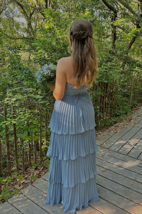 Elegant Chiffon Strapless Prom Dress Sheath Pleated Evening Gown Tiered Party Dress Long Formal Dress HZ1024