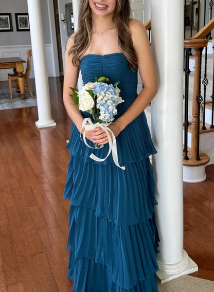 Elegant Chiffon Strapless Prom Dress Sheath Pleated Evening Gown Tiered Party Dress Long Formal Dress HZ1024